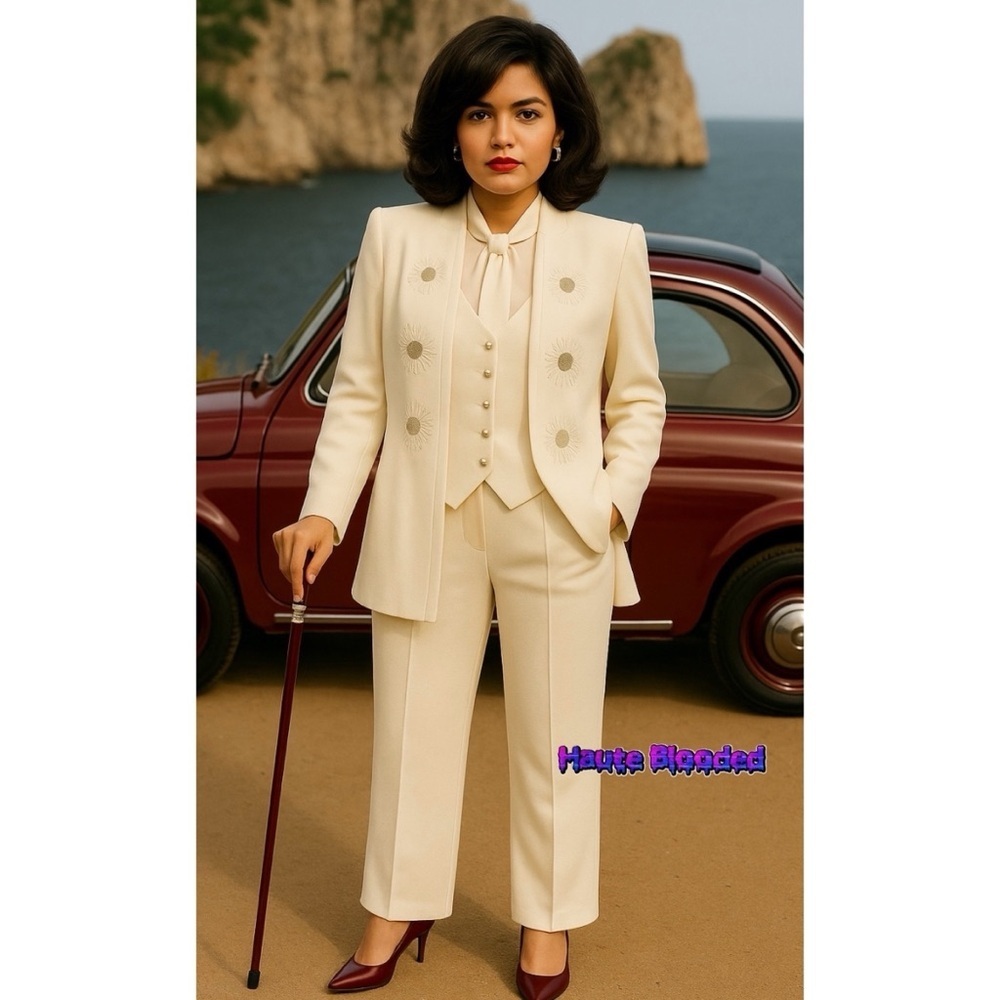 R&M Richards Karen Kwong Vintage 90's Ivory Embroidered Beaded Pants Suit y2k